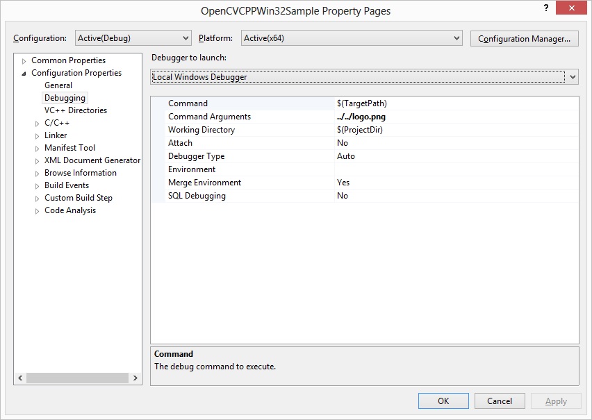 Setting Command Arguments in the property pages screenshot